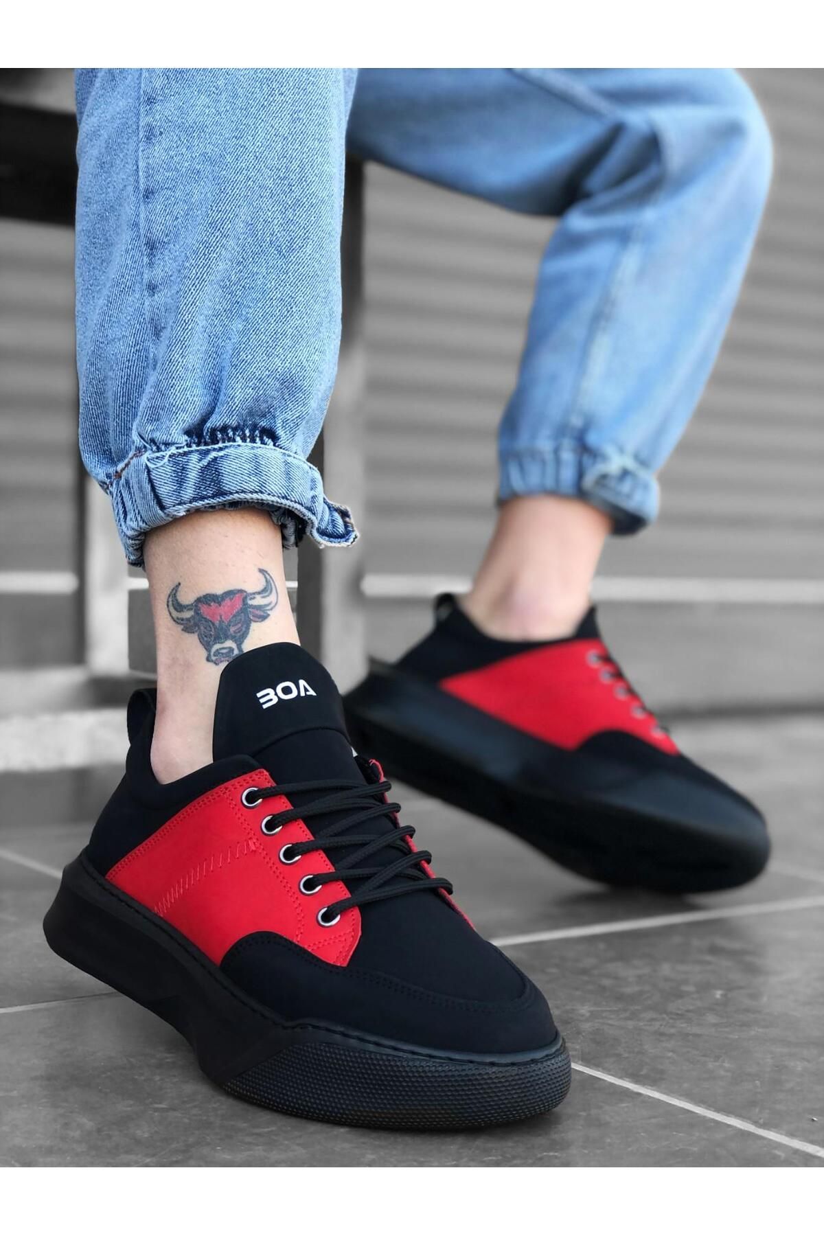 Byshoes BA0163 Bağcıklı Erkek Yüksek Taban Siyah Kırmızı Spor Ayakkabı