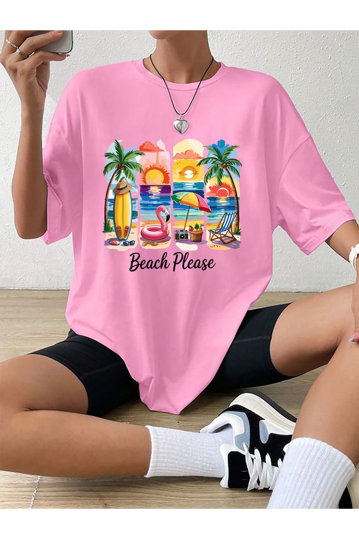 SUNFREE POPÜLER TREND BASKILI GENİŞ KALIP KADIN PEMBE T-SHIRT
