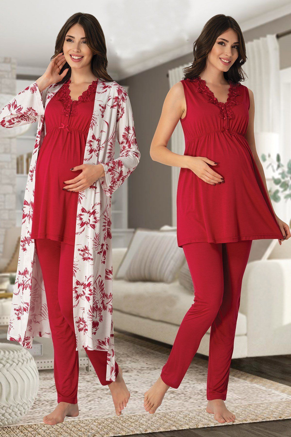 BLACKMORE Fuşya Dantel Tasarım Kalın Askılı Lohusa Hamile Sabahlıklı 3'lü Pijama Takım Set