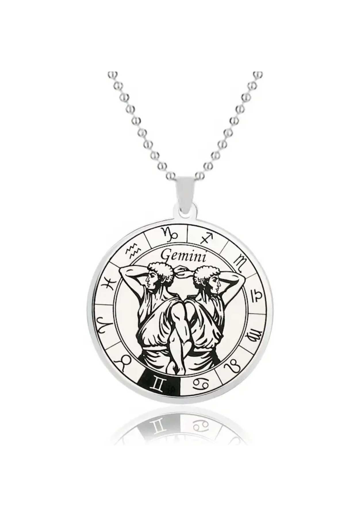 sarıyer silver İkizler Burç Tasarım 12 Burç İşlemeli Daire Model Astroloji Ve Burçlar Temalı Çelik Kolye