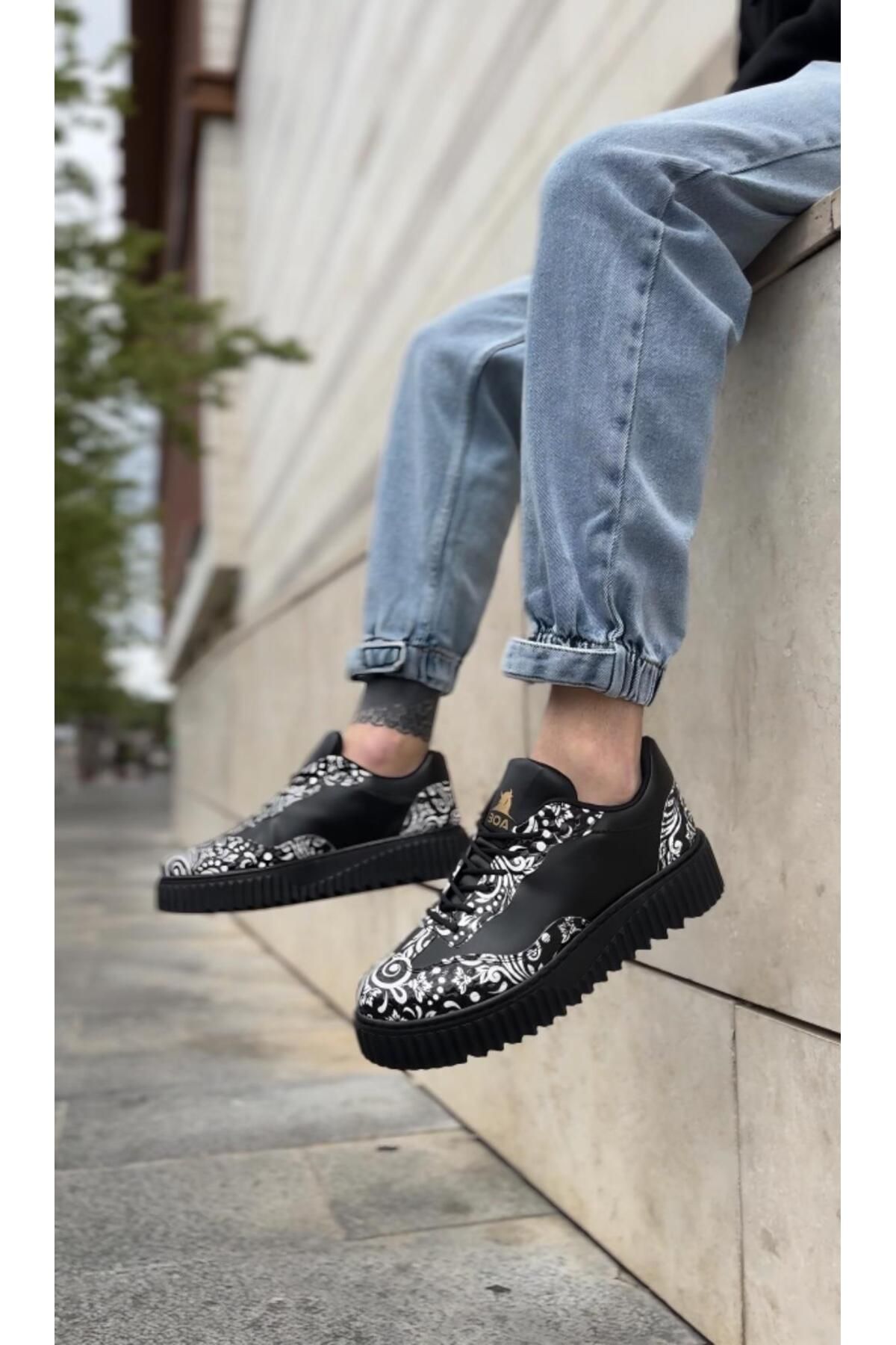 Byshoes BA0802 BOA Gotik Desenli Siyah Yüksek Taban Erkek Günlük Ayakkabı
