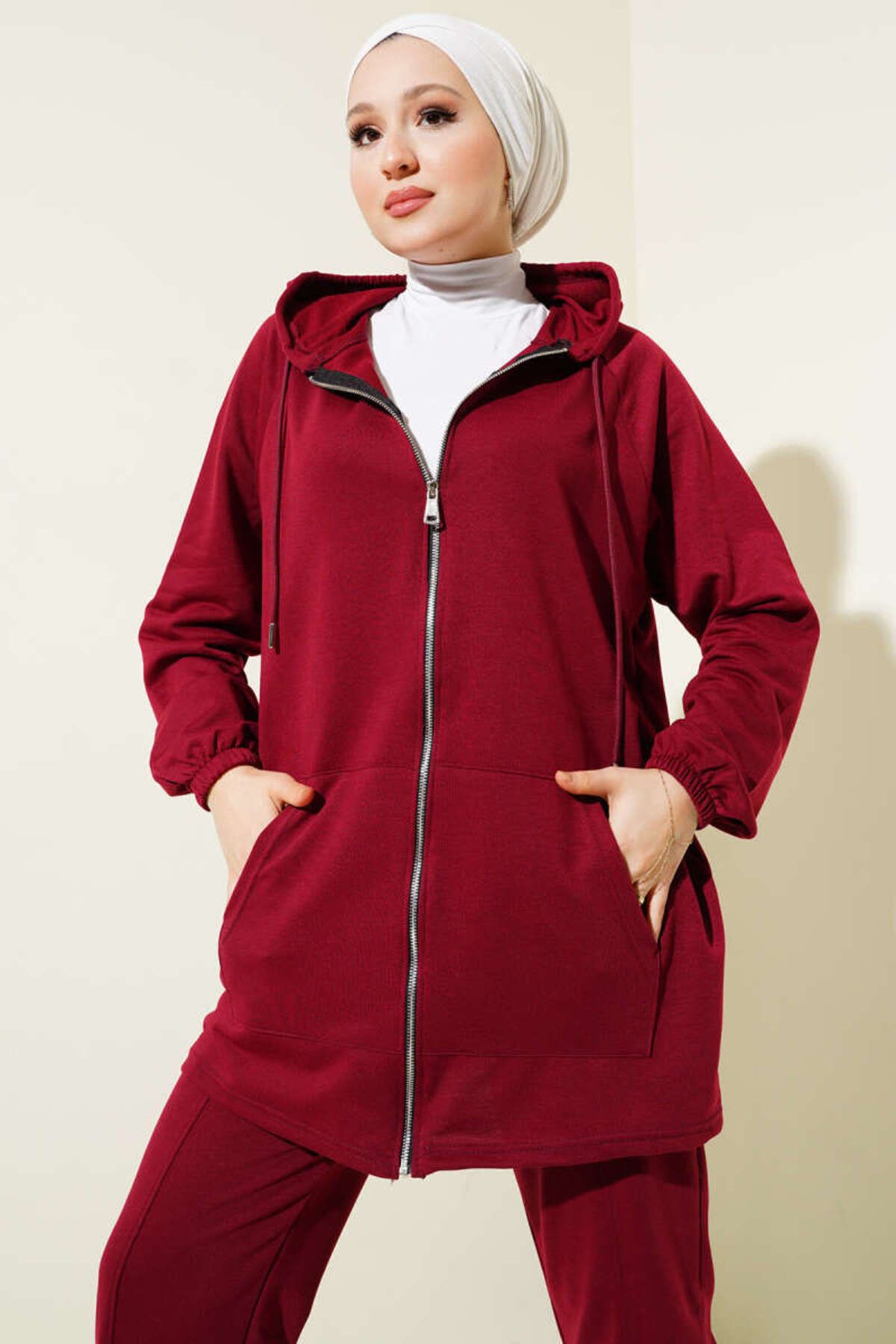 YAZGI MODA Kanguru Cepli Fermuarlı İkili Takım Bordo