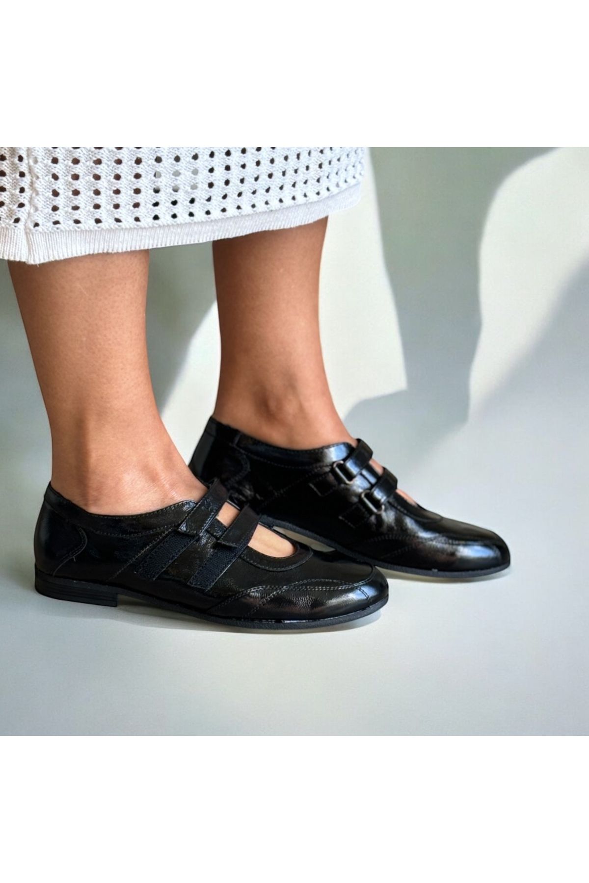 NEVE SHOES Siyah Kırışık Rugan Cırtlı Hakiki Deri Babet