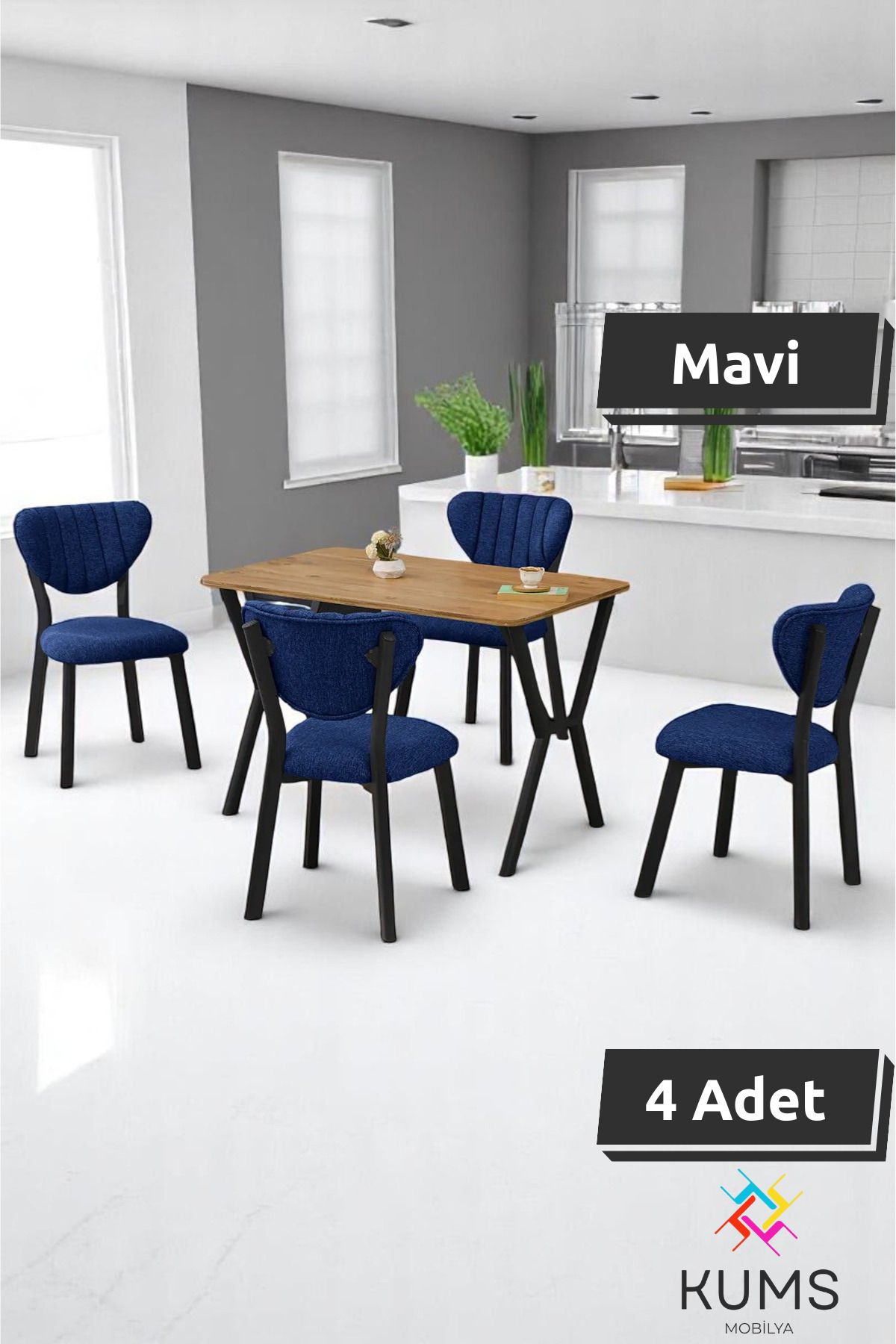 KUMS Elma Masa Sandalye Takımı – 4 Kişilik, Sabit Masa, Modern Çam Desen