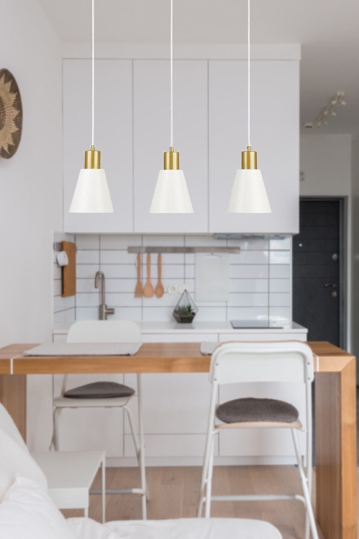 Trendy Special Design Modern Cafe Kitchen Living Room White Color Gold Detail 3-Piece Chandelier