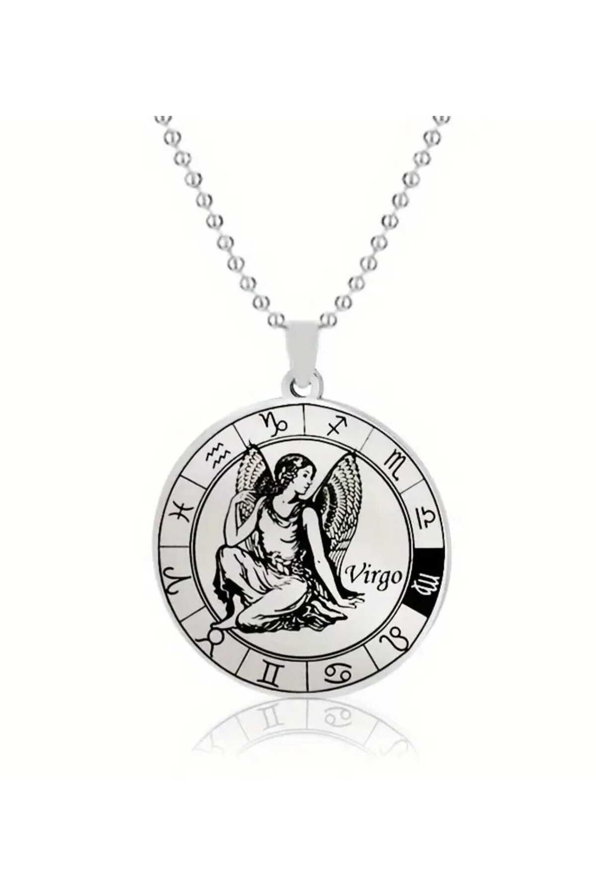 sarıyer silver Başak Burcu Model 12 Burç İşlemeli Daire Tasarım Astroloji Burç Temalı Çelik Kolye