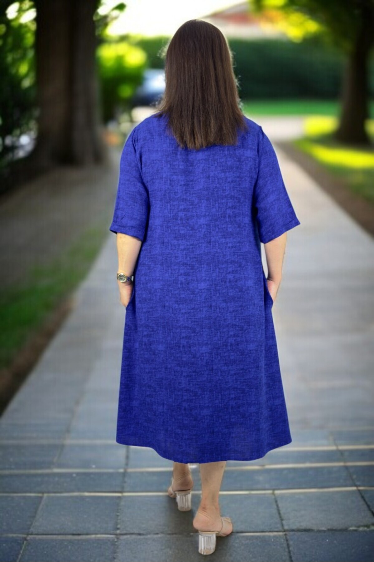 yagmurberen-Side Boydan Wood Button Detail Brieve Sleeve with Pocket Intermediate Length Plus Size Cotton Viscose Dress 7