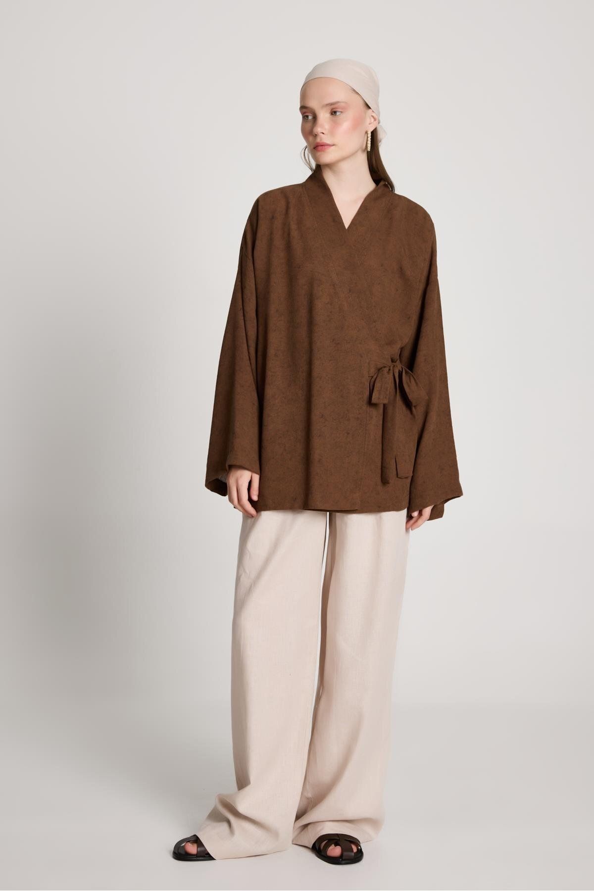 minaaise Bellamy Bağlamalı Keten Kimono Kahve