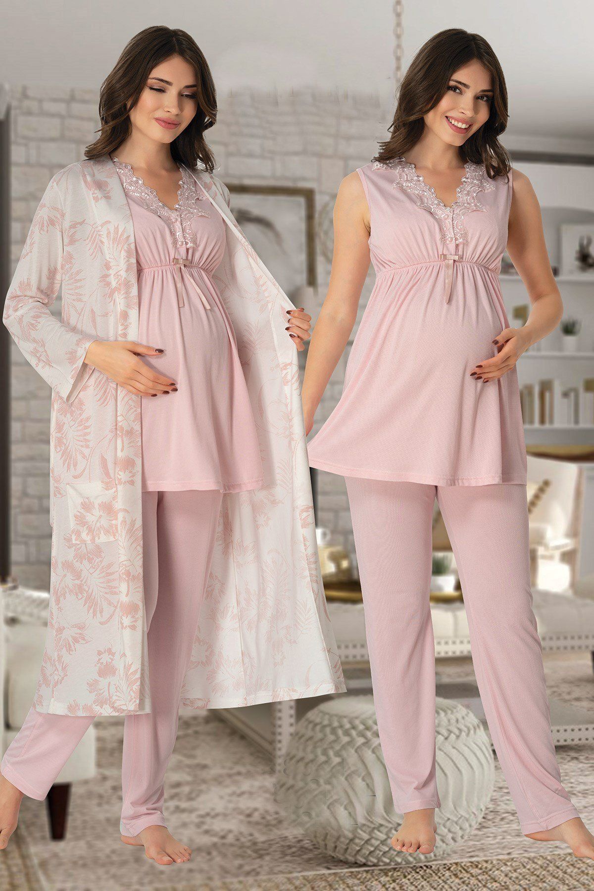 BLACKMORE Pudra Dantel Tasarım Kalın Askılı Lohusa Hamile Sabahlıklı 3'lü Pijama Takım Set