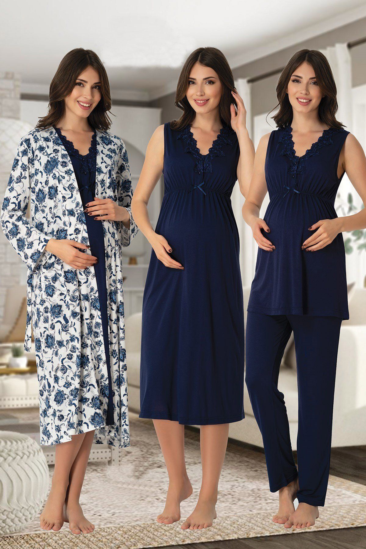 BLACKMORE Lacivert Dantel Tasarım Kalın Askılı Lohusa Hamile Gecelik-Sabahlık Pijama Takım 4'lü Set