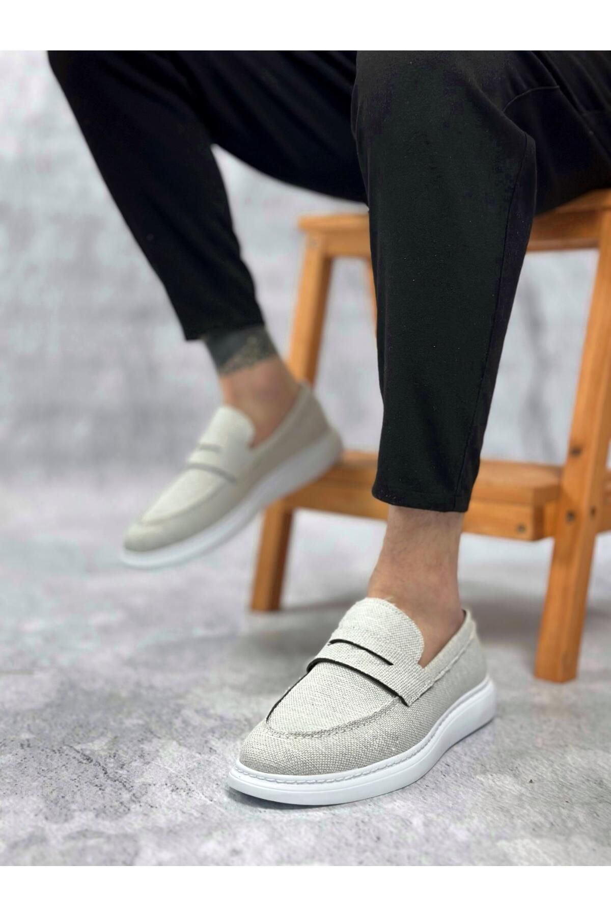 Byshoes BA0355 Bağcıksız Keten Beyaz Klasik Corcik Erkek Ayakkabı