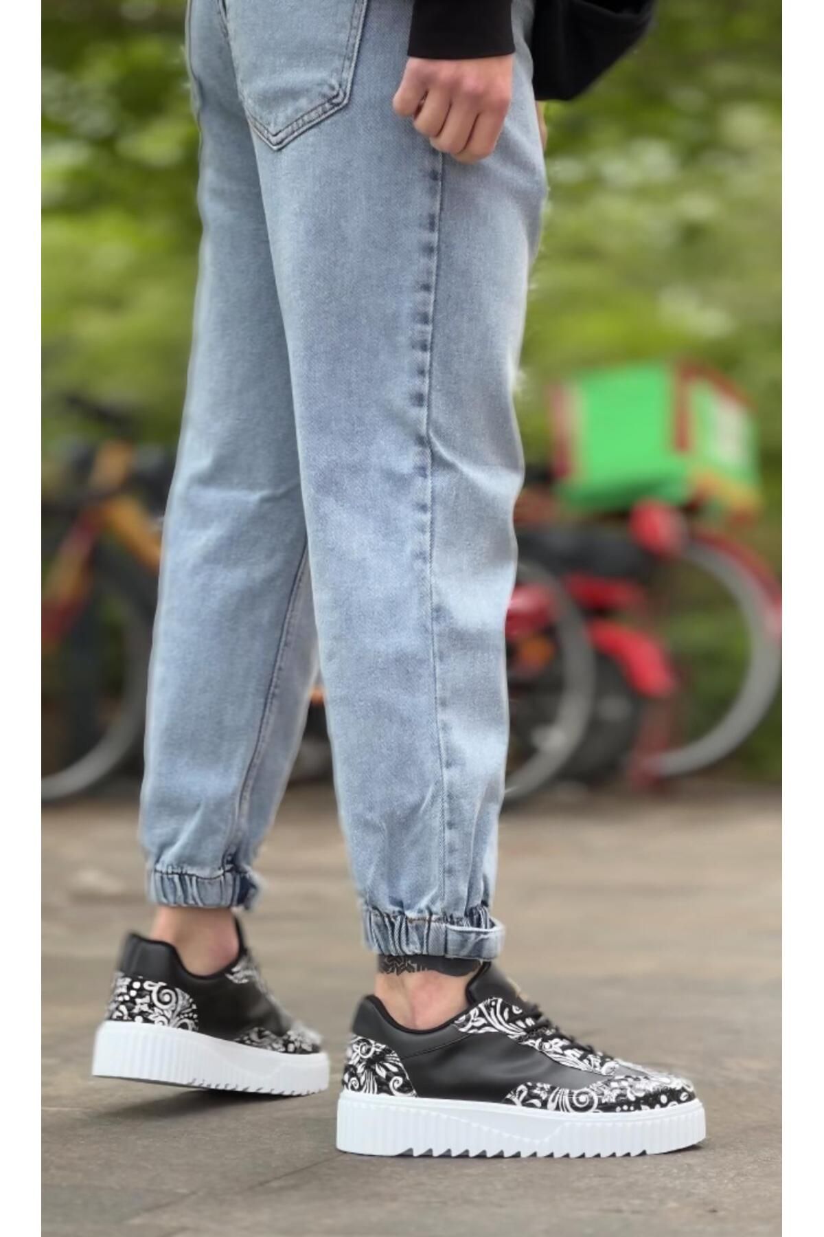 Byshoes BA0802 BOA Gotik Desenli Siyah Beyaz Yüksek Taban Erkek Günlük Ayakkabı