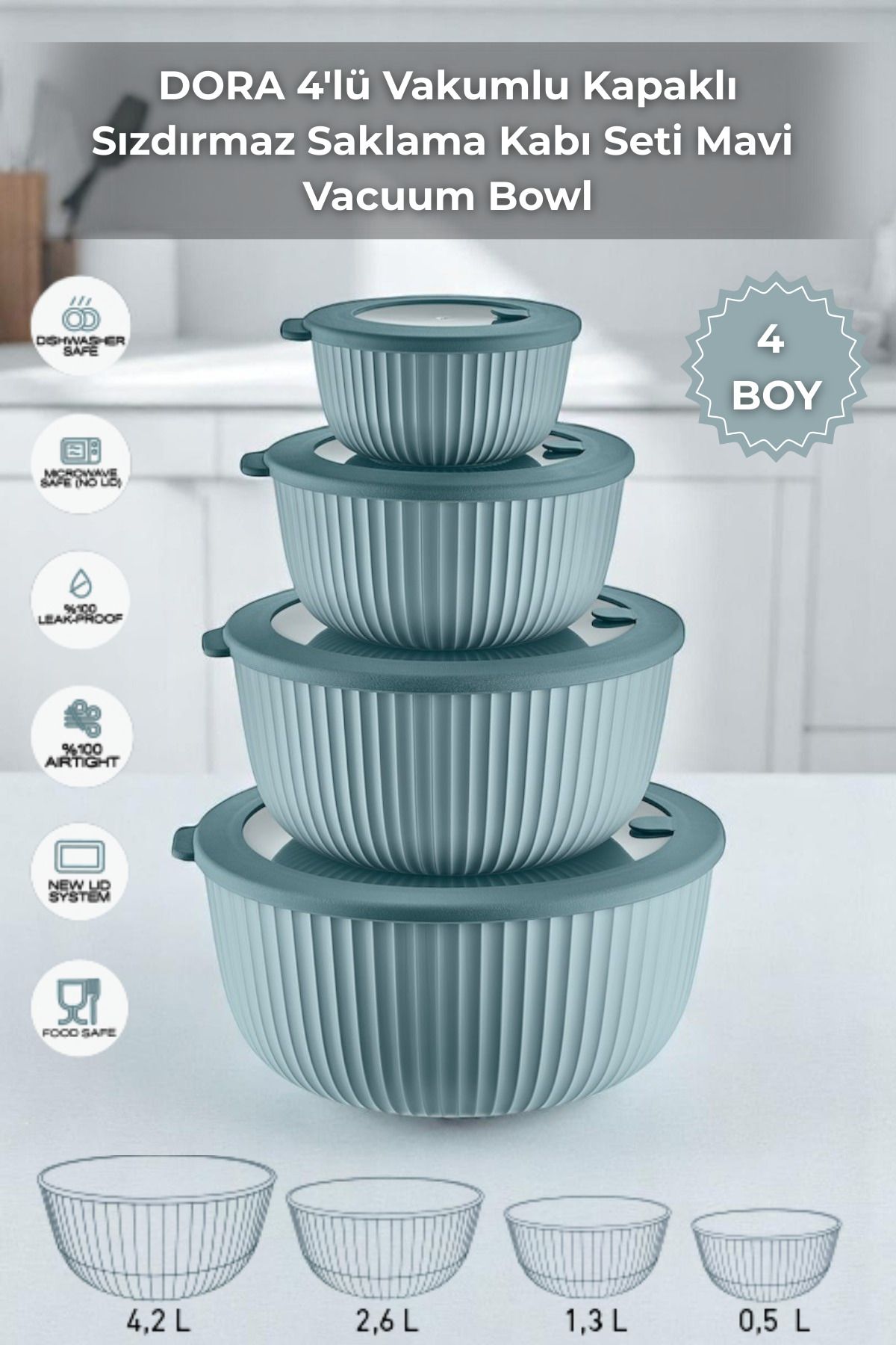 Sevinse Home DORA 4'lü Vakumlu Kapaklı Sızdırmaz Saklama Kabı Seti Mikrodalga ve Difrize Uygun Mavi Vacuum Bowl