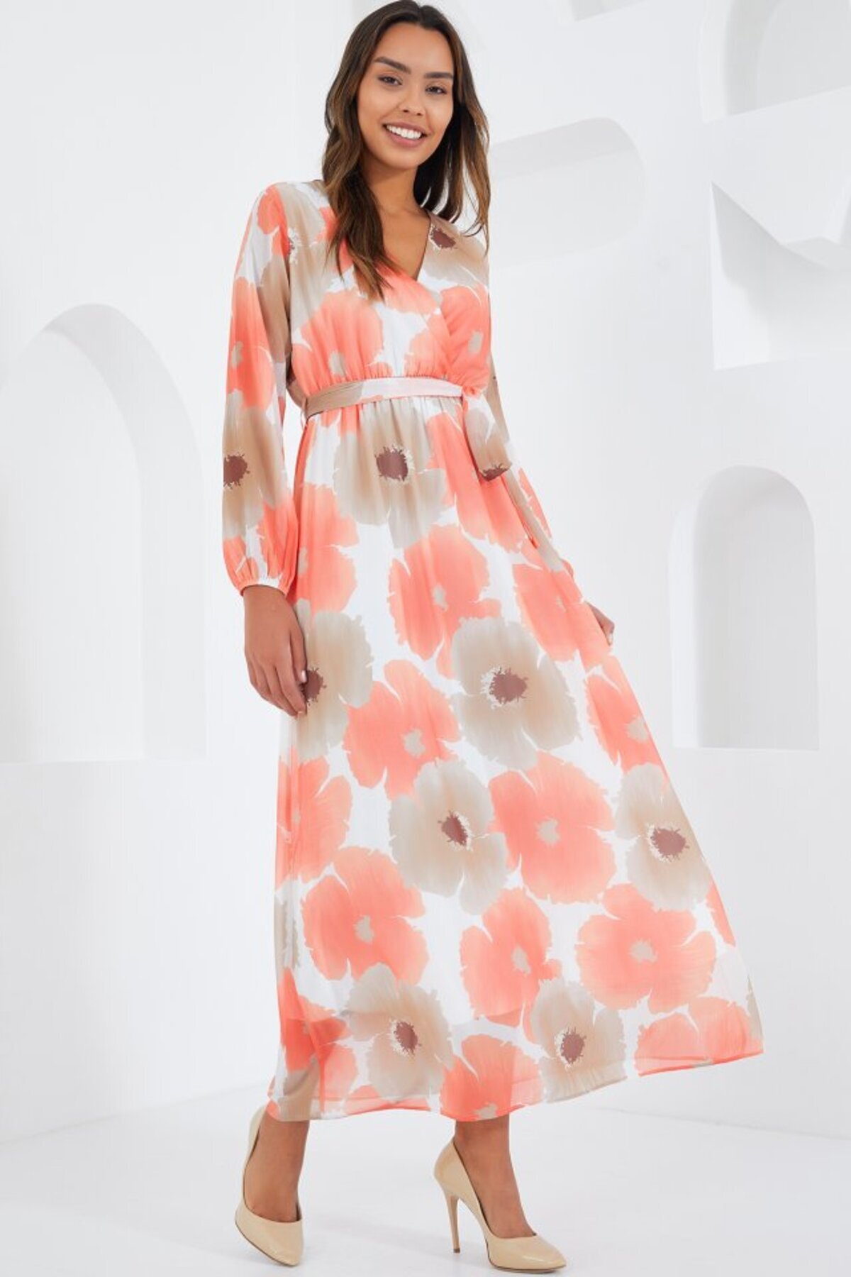 modaserdem-Orange Beige Floral Patterned Chiffon Dress 2134 3