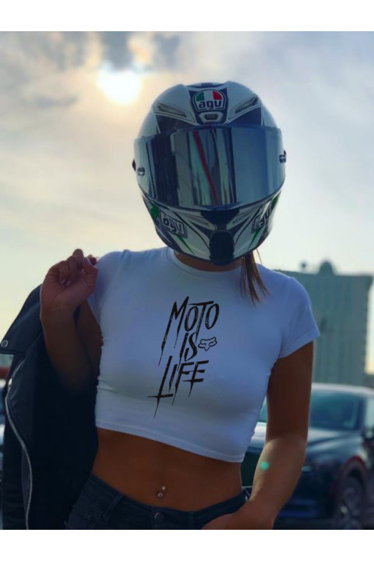 DEEFWEAR FREICH MOTO IS LIFE BASKILI BEYAZ CROP