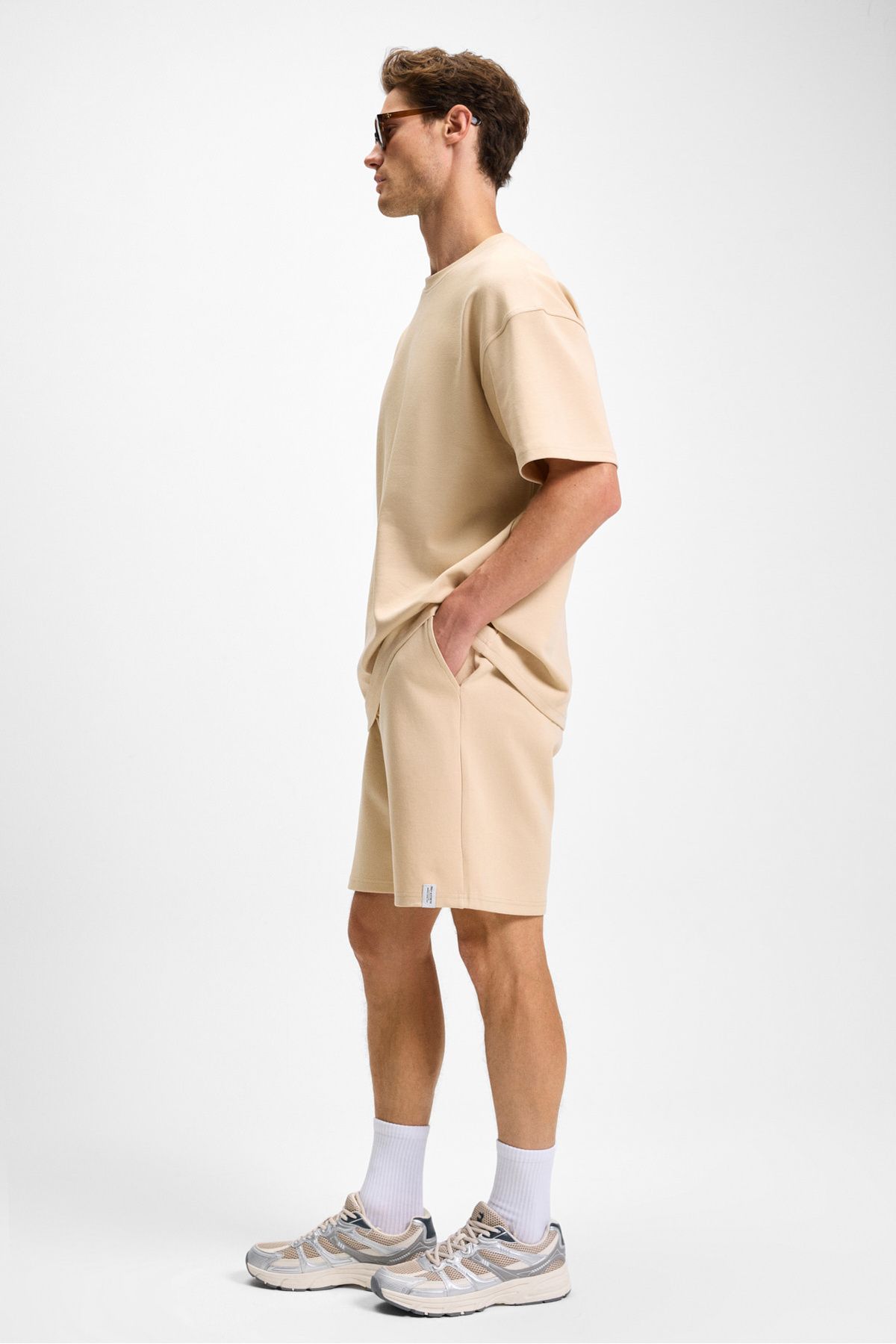 GRIMELANGE-Bailey Men's Relaxed Fit Beige Shorts with Elastic Waist and Back Single Pocket Cord 4