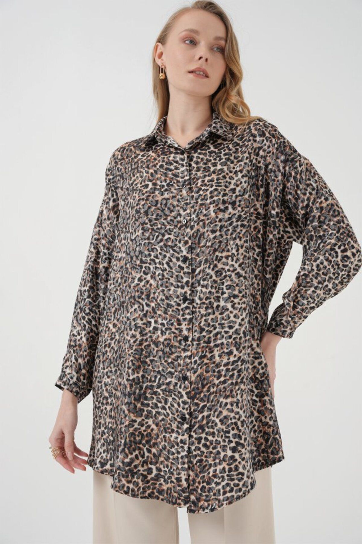 moda wanilia 5944 Desenli Uzun Gömlek Tunik - C. Kahverengi