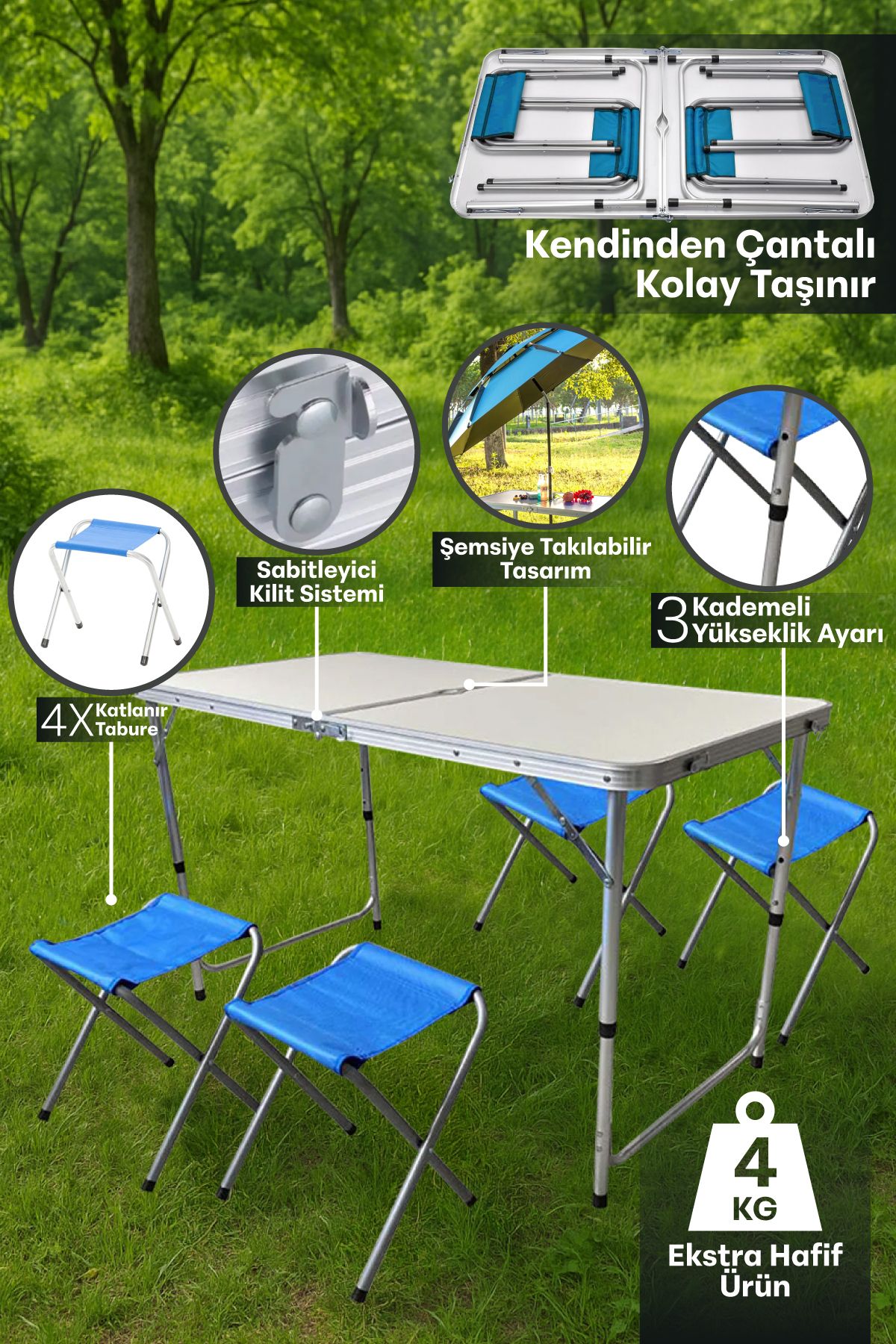Blooma Çanta Tipi Katlanır Taşınabilir Piknik Kamp Masa Seti 4 Tabureli