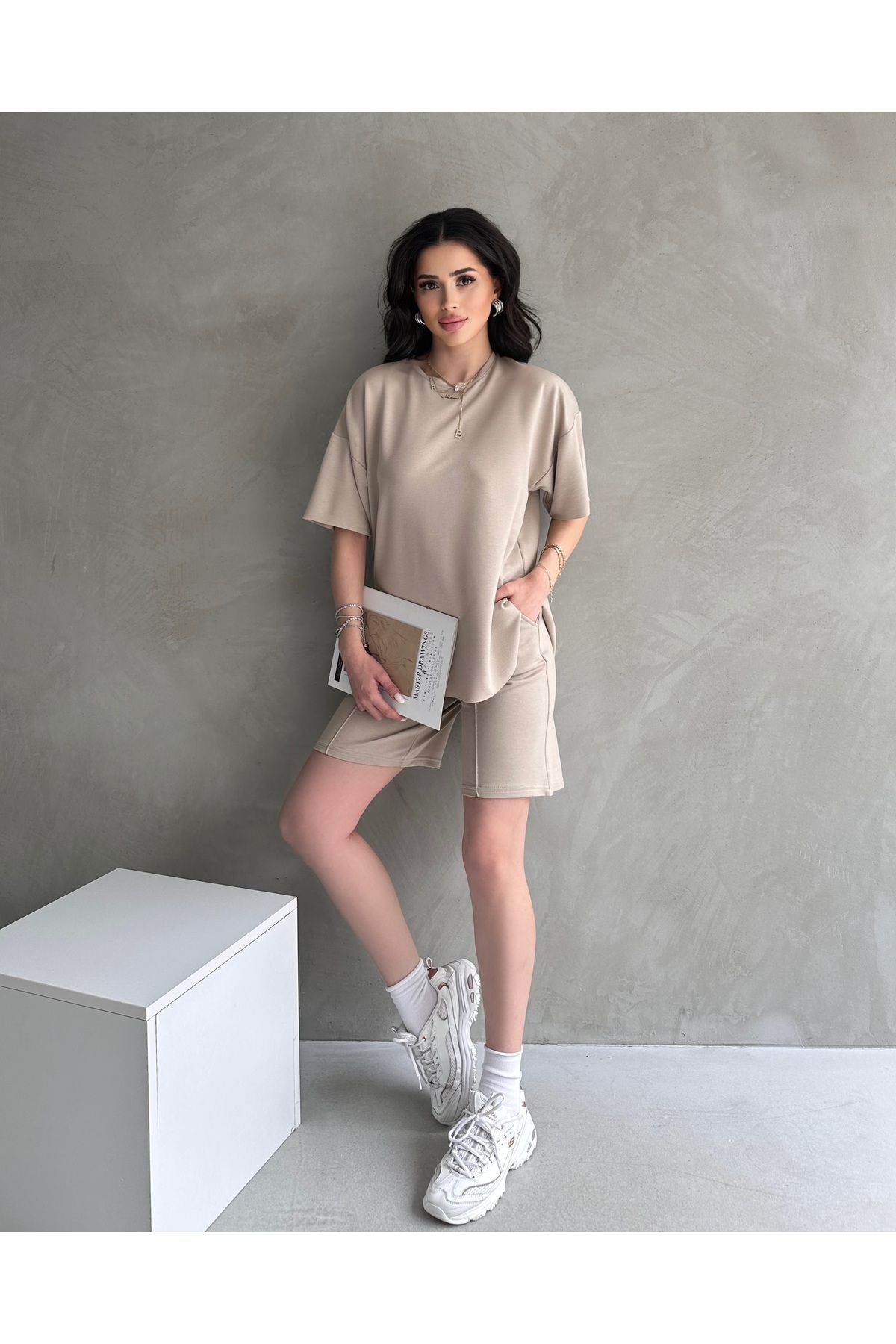 COOL TARZ Kadın Modal Kumaş Oversize Kısa Kollu Kadın Eşofman Takımı, Şortlu, Bağcıklı Yumuşak Kumaş