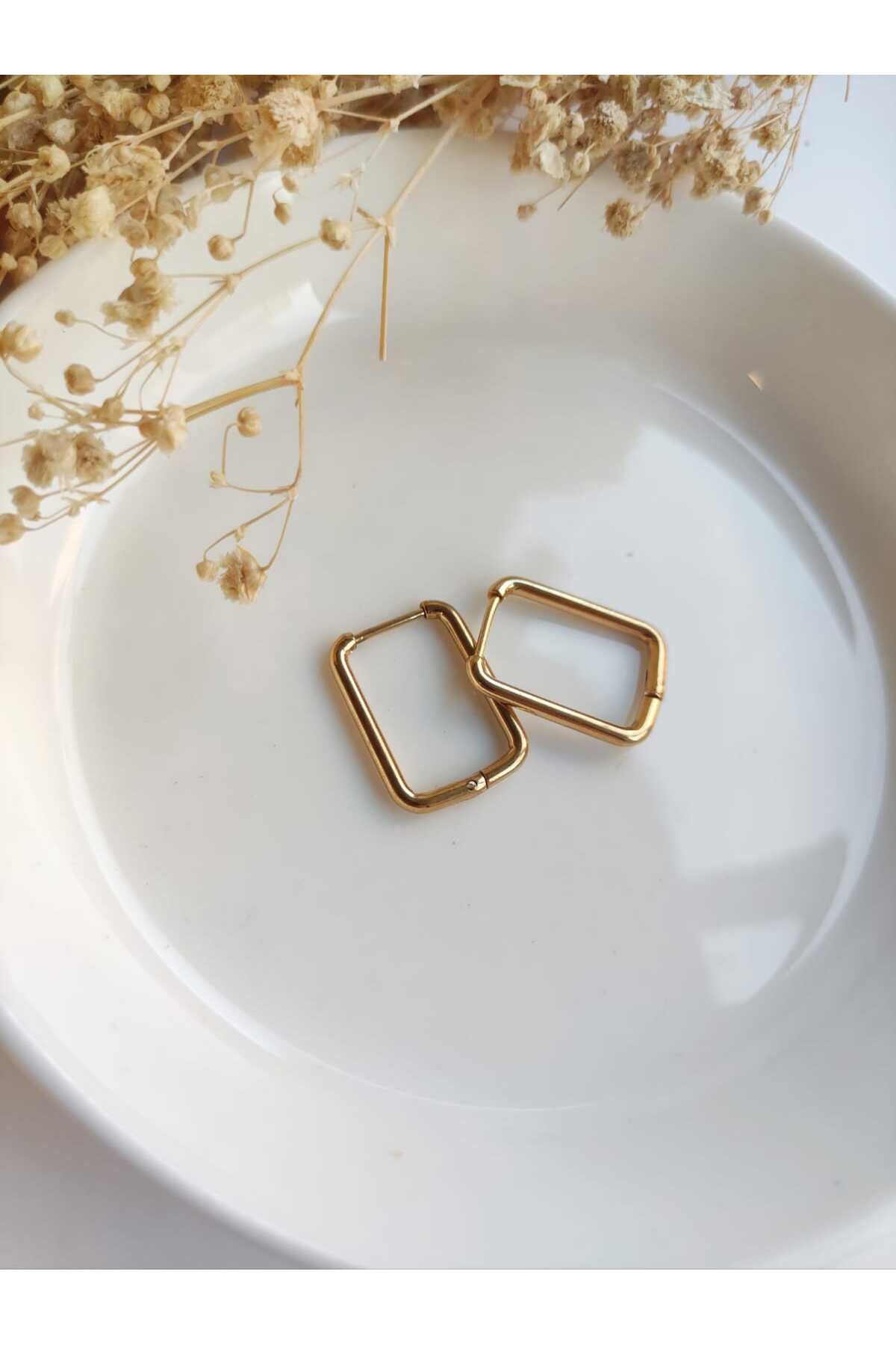 MoS JEWELLERY Gold Renk Dikdörtgen Küpe - Paslanmaz Çelik