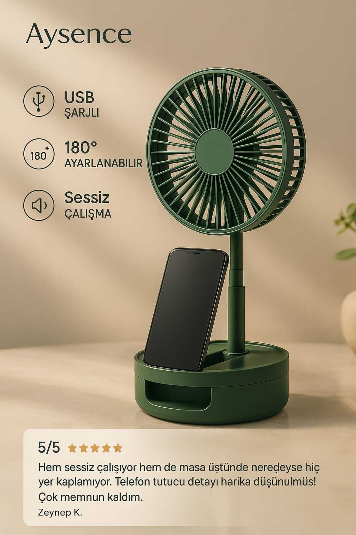 MODA Aysence Ayşegül Sessiz Masa Üstü Telescopic Katlanabilir Fan - Telefon Tutuculu