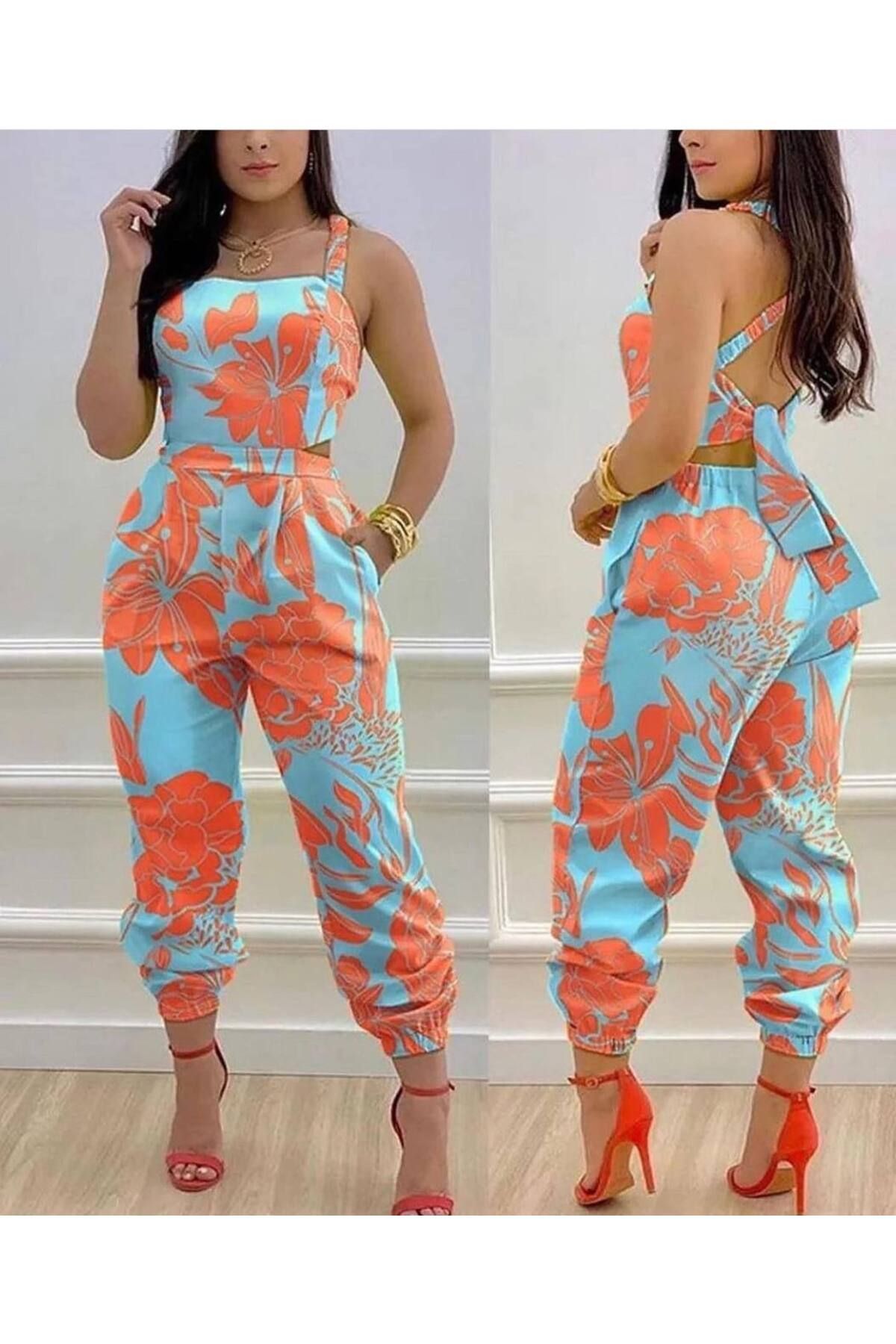NHMODA Çapraz sırt bağlamalı askılı pensli beli oturan paçası lastikli tulum