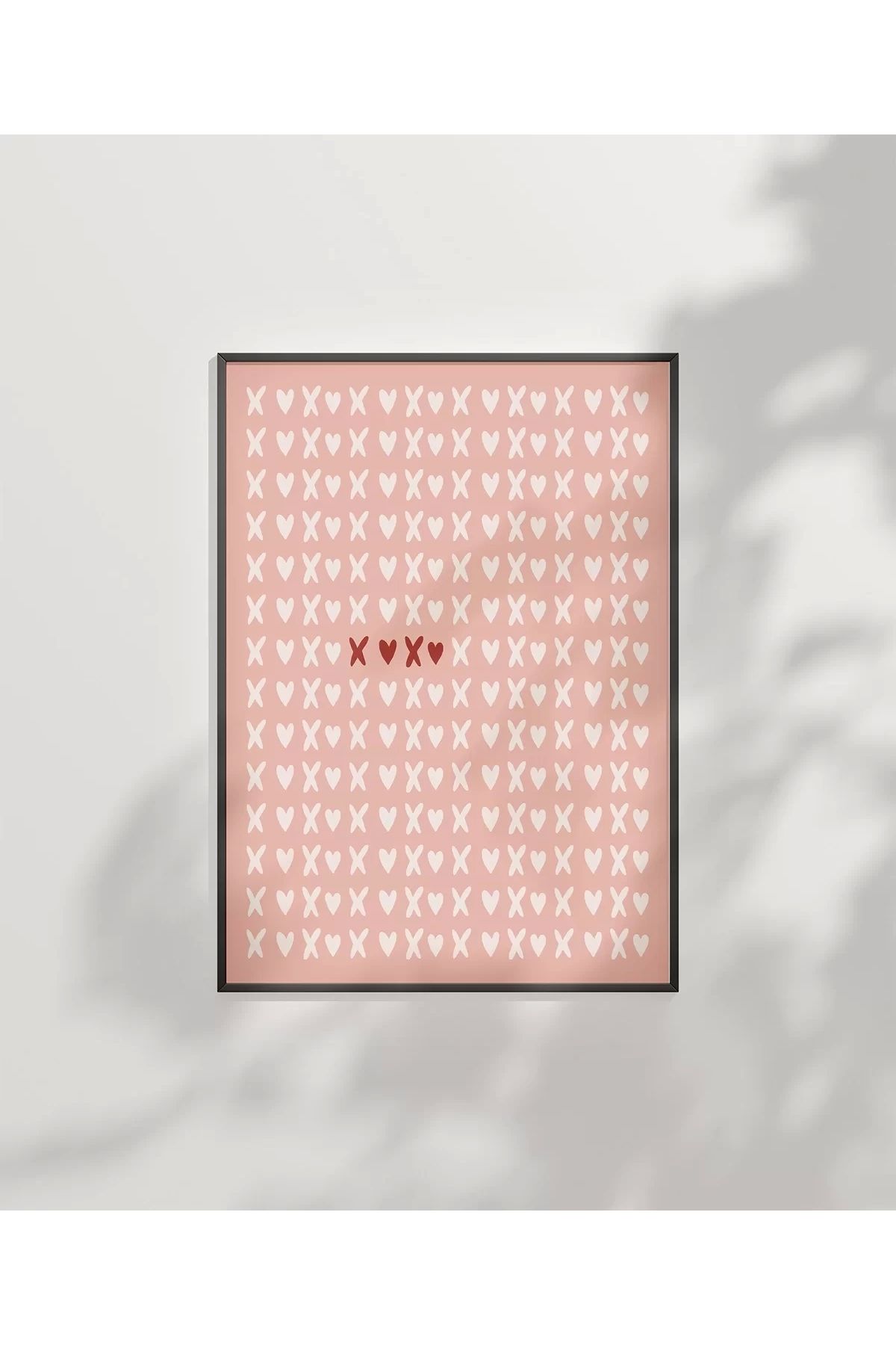 VOGLOO Çerçevesiz Poster Pembe Zemin Üzerinde Kalpler ve Çarpılar Desenli