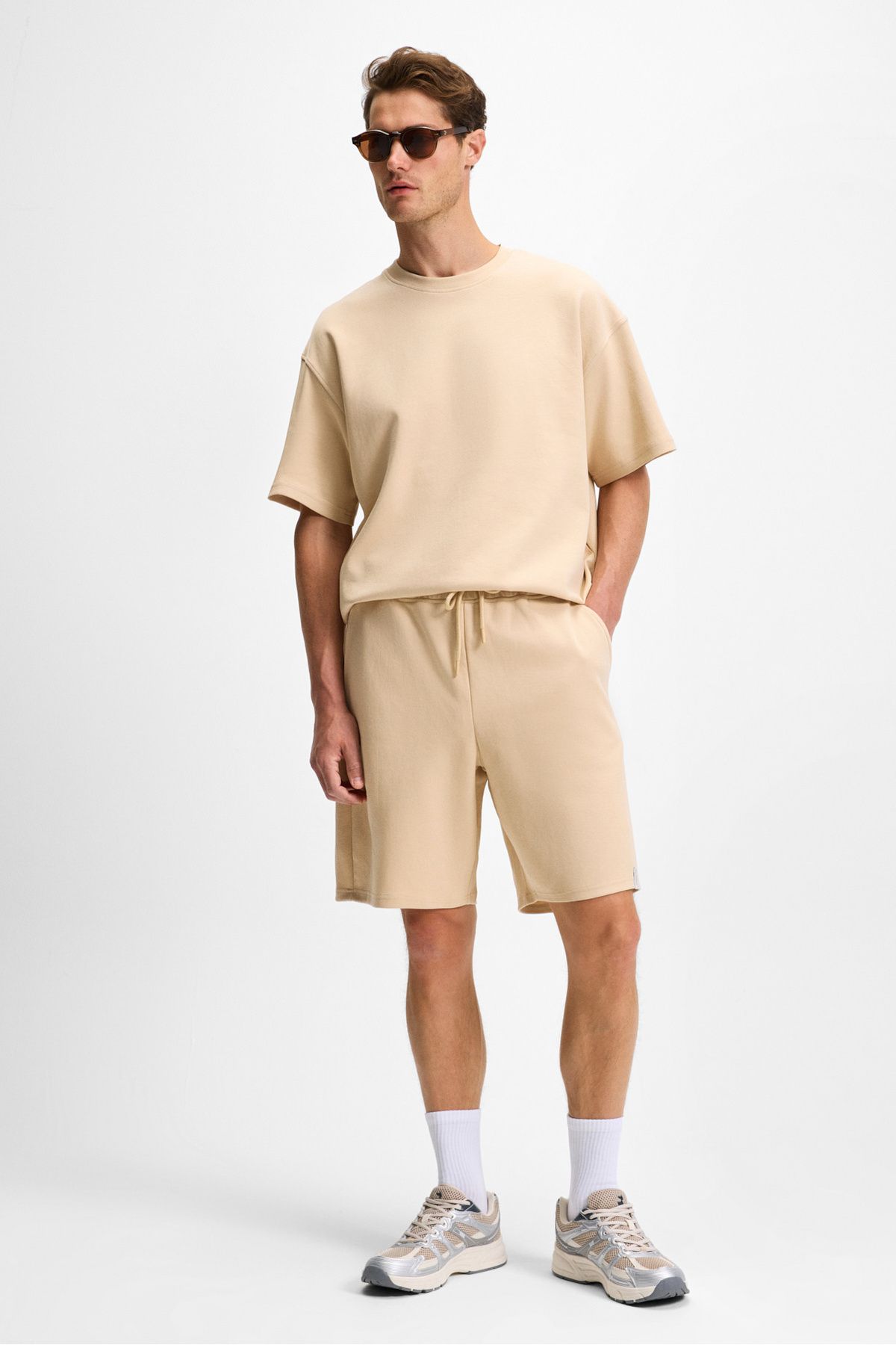 GRIMELANGE-Bailey Men's Relaxed Fit Beige Shorts with Elastic Waist and Back Single Pocket Cord 2