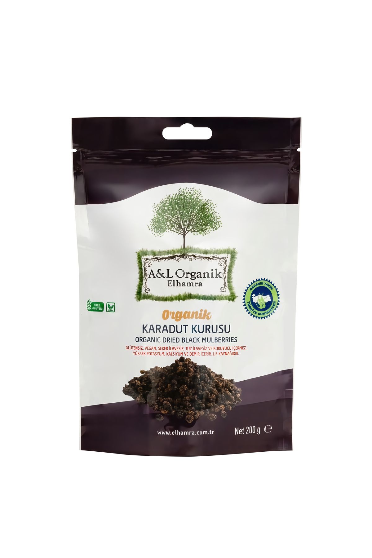 A&L ORGANİK ELHAMRA ORGANİK SERTİFİKALI KARADUT KURUSU. 200g. GLÜTENSİZ. VEGAN. KATKI,KORUYUCU İÇERMEZ. KAPADOKYA YÖRESİ