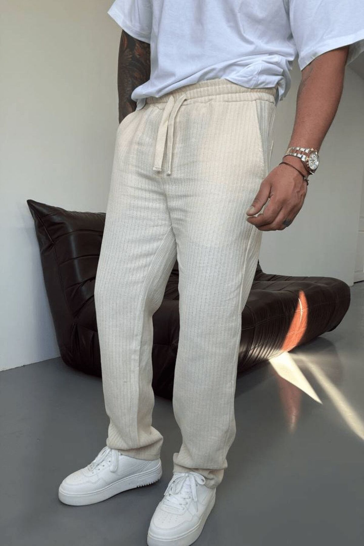 Z1MAN Örme Keten Baggy Bej PANTOLON