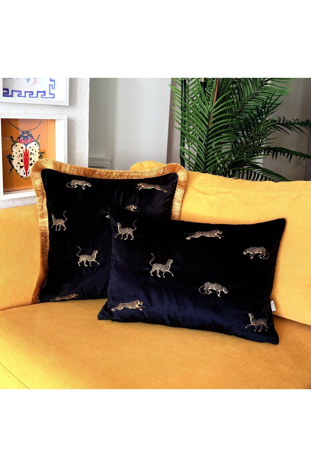 ge living Dekoratif Leopar Desenli Siyah Kadife Kırlent Kılıfı 35 x 50 cm
