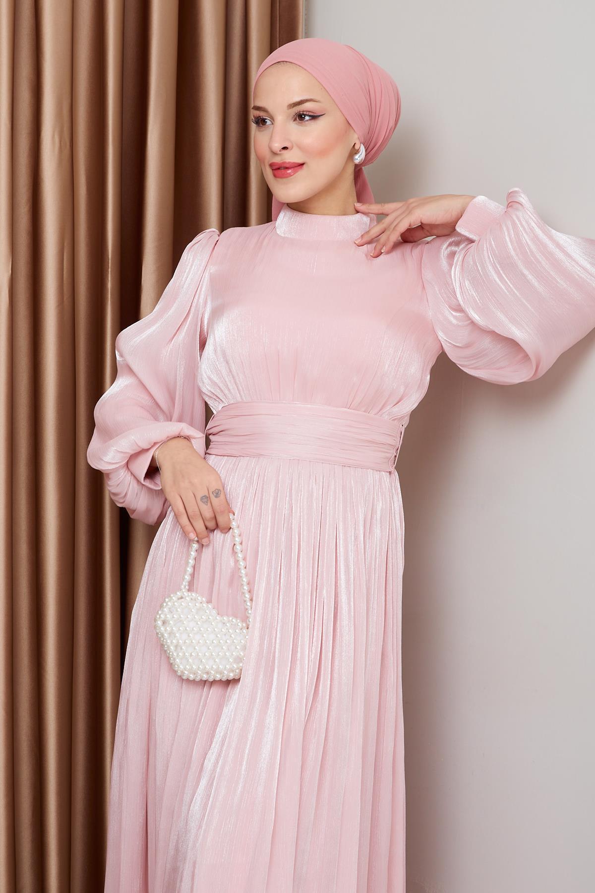Olcay-Rochie de seară musulmană din mătase Yoryo, cu centură în talie, detaliată, PUDRA 1225 3