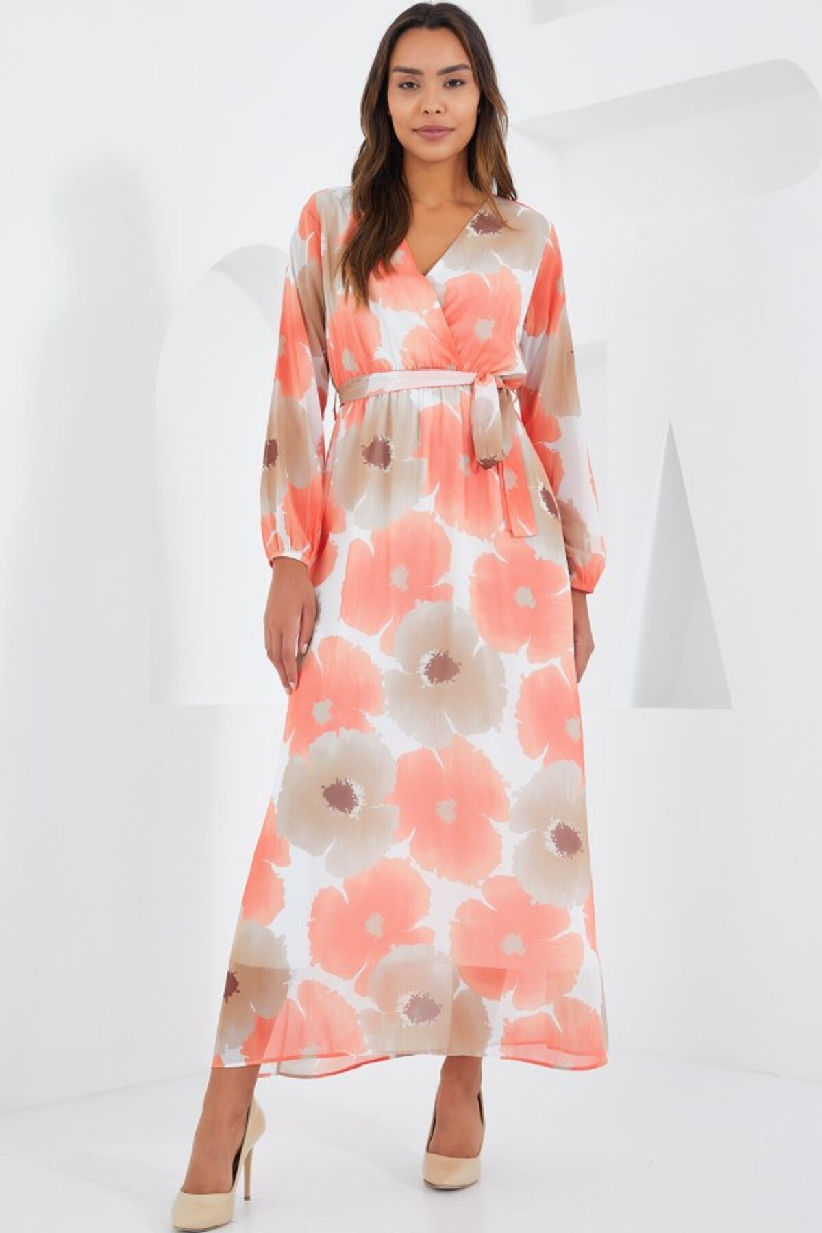 modaserdem-Orange Beige Floral Patterned Chiffon Dress 2134 1