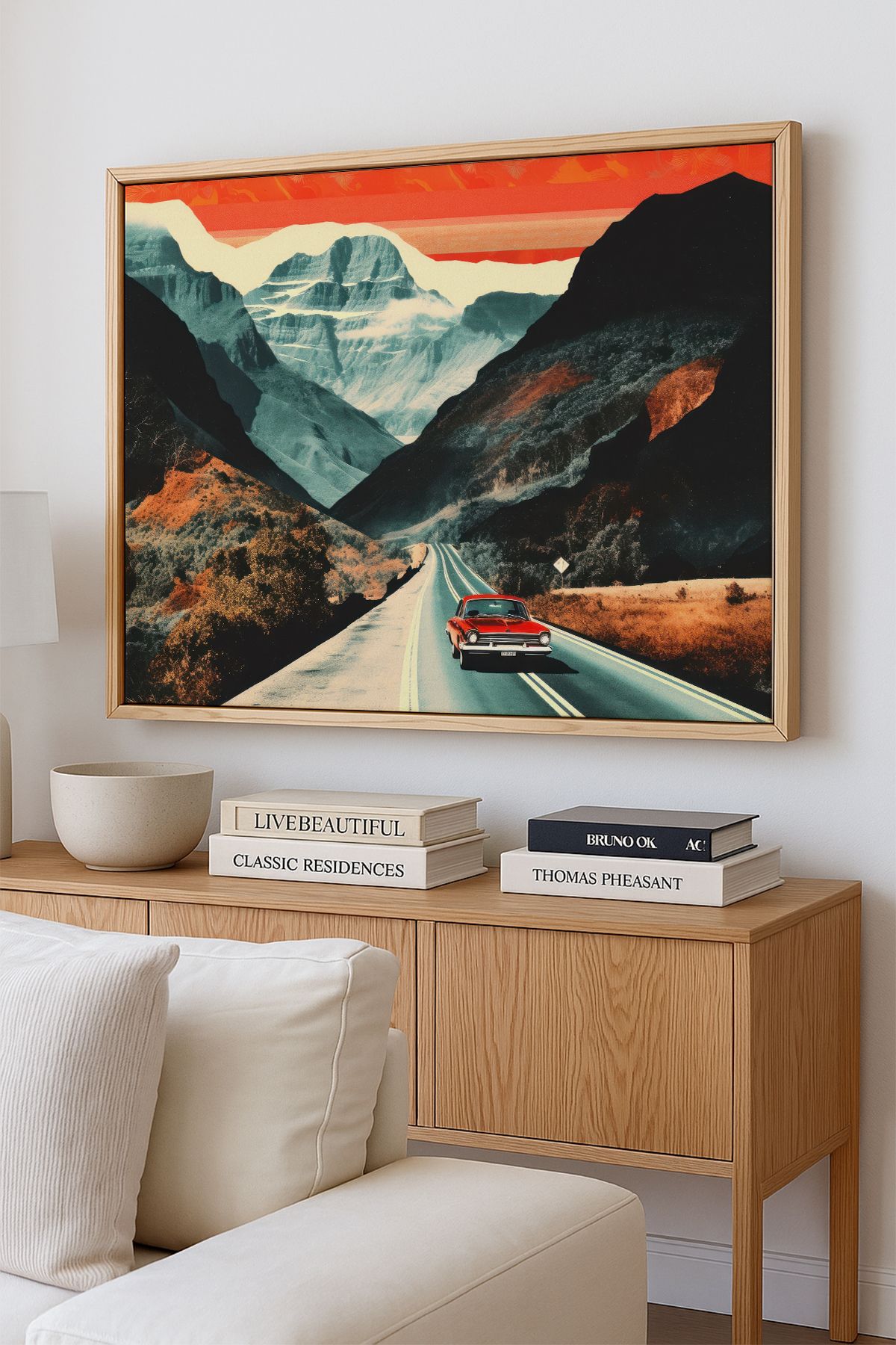AKSU SANAT Klasik Araba ve Yol , illüstrasyon ÇERÇEVELİ Kanvas Tablo, ÇİFT ÇERÇEVELİ Tablo 1KTBL221