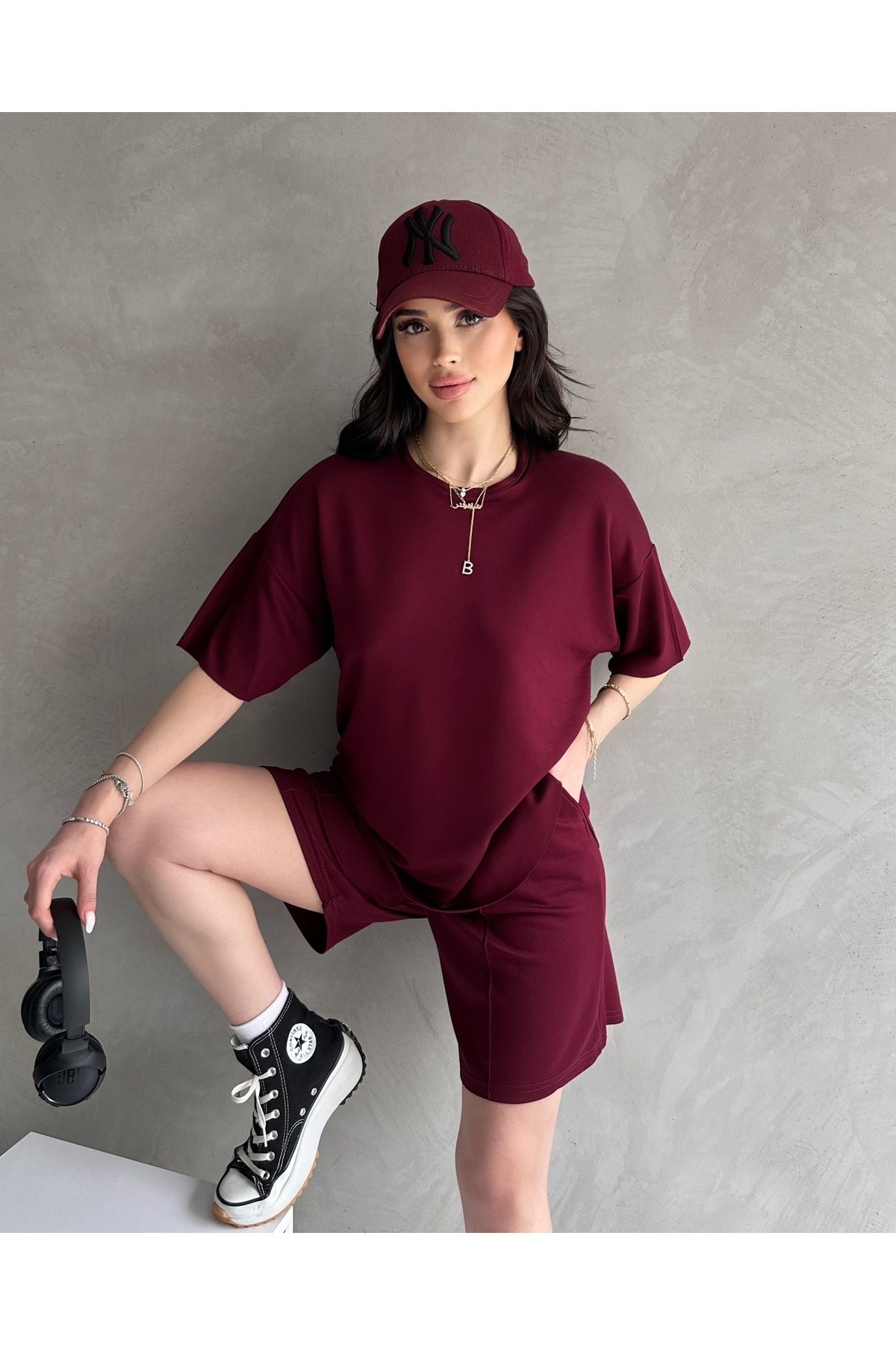 COOL TARZ Kadın Modal Kumaş Oversize Kısa Kollu Kadın Eşofman Takımı, Şortlu, Bağcıklı Yumuşak Kumaş