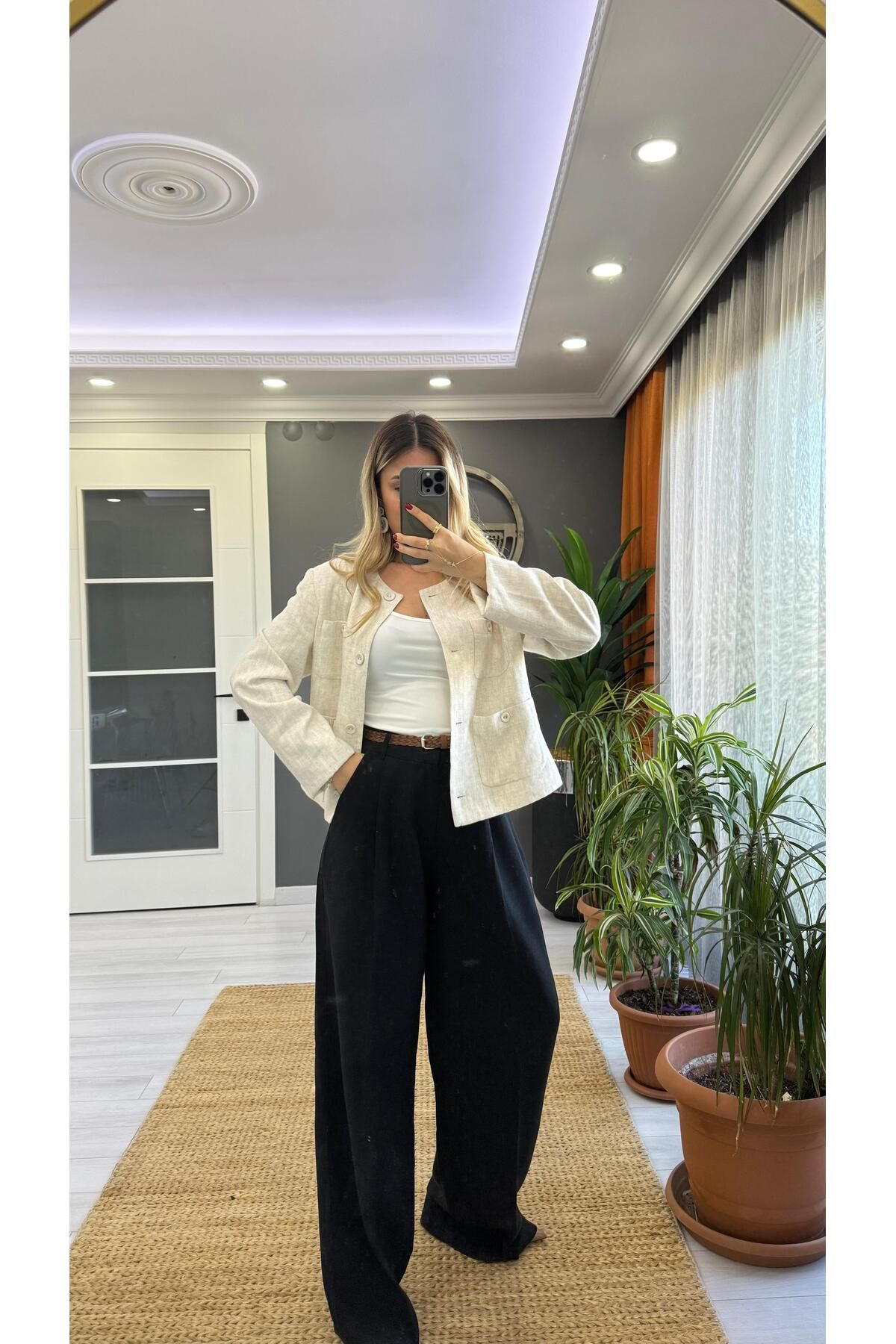 SEVİNÇ GÜNGÖR Keten kemerli palazzo pantalon Sıyah