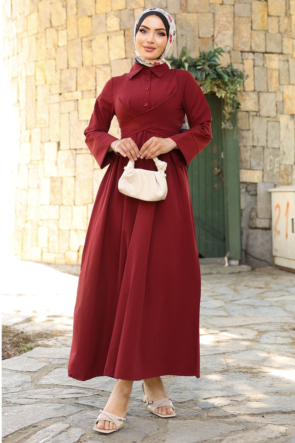 InStyle-Belt Detailed Shirt Collar Claret Red Dress 1