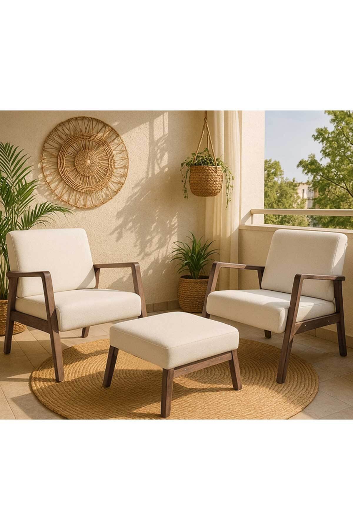 Zem Pavia Çay Seti Ceviz Ahşap, Beyaz (2ADET TEKLİ BERJER 1ADET PUF)ofis,balkon,kafe mobilyası