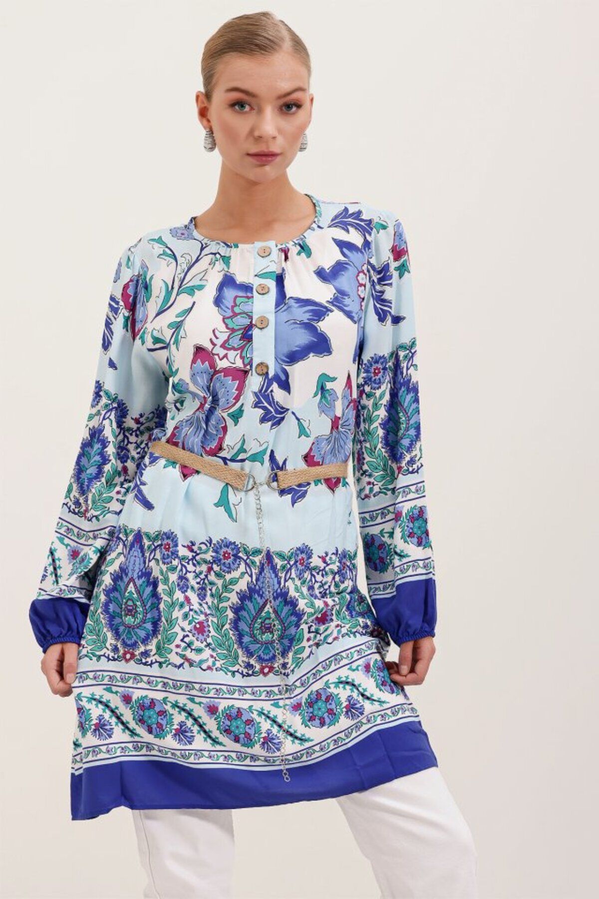 pazarella 5902 Kemerli Desenli Elbise - Saks