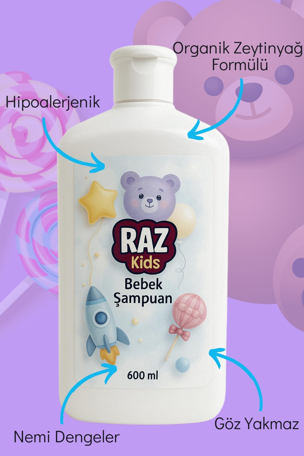 Spumy Raz Kids Organik Sertifikalı Hassas Saç Ve Vücut Bebek Şampuanı - 600 ml fotoğrafı 3 (önizleme)