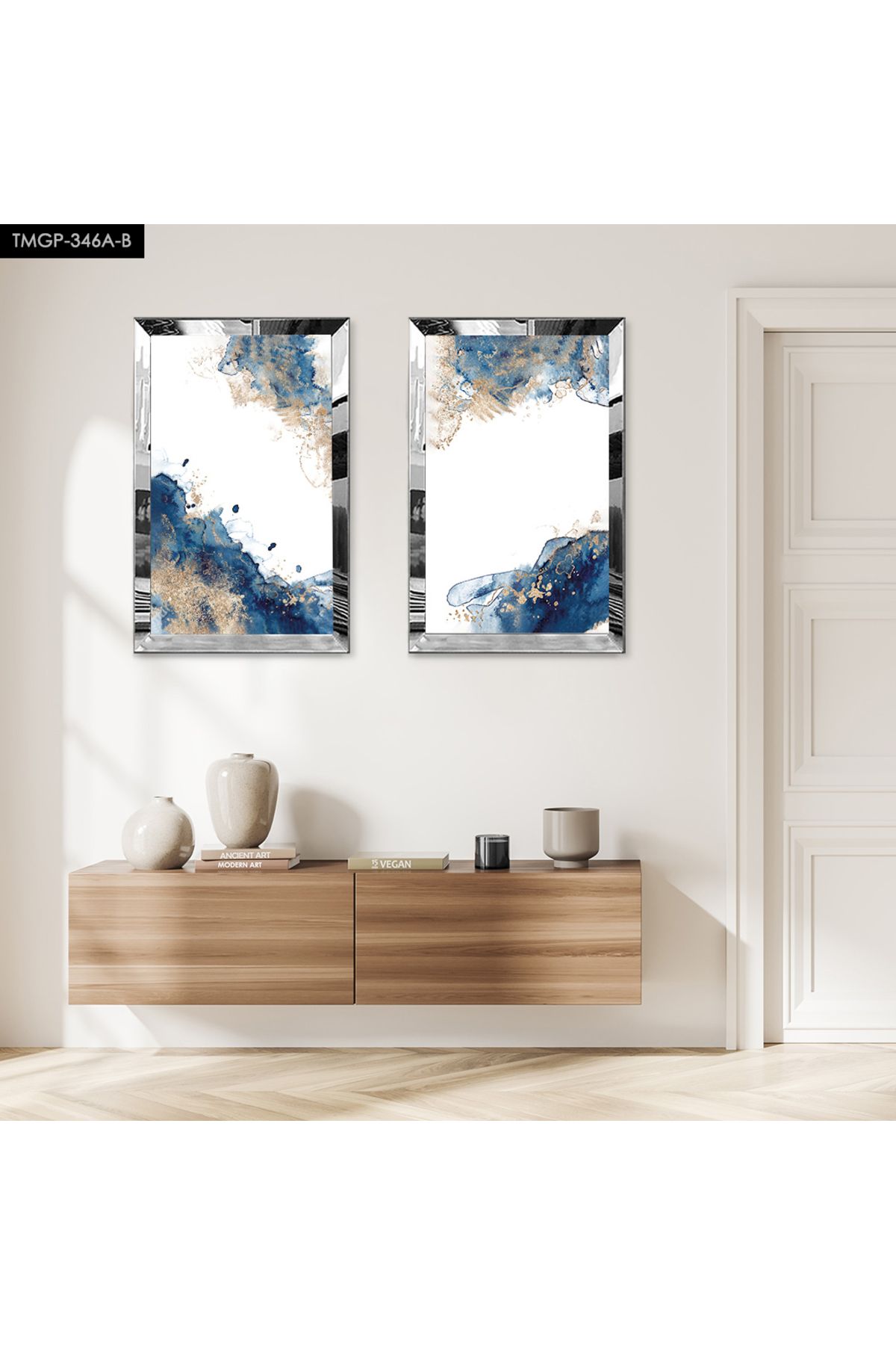 Zevahir Mobilya Dekorasyon-Silver Mirrored Plexi Frame with White Background Abstract Modern Blue Shapes Double Mdf Table Set 1