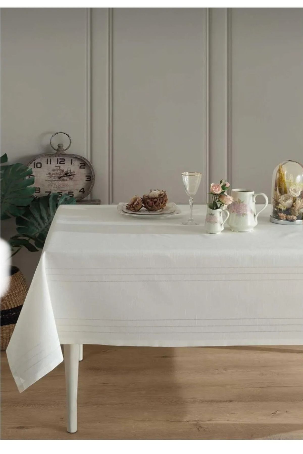 CeysHOME Polyaester kumaş çizgili masa örtüsü krem 160x220