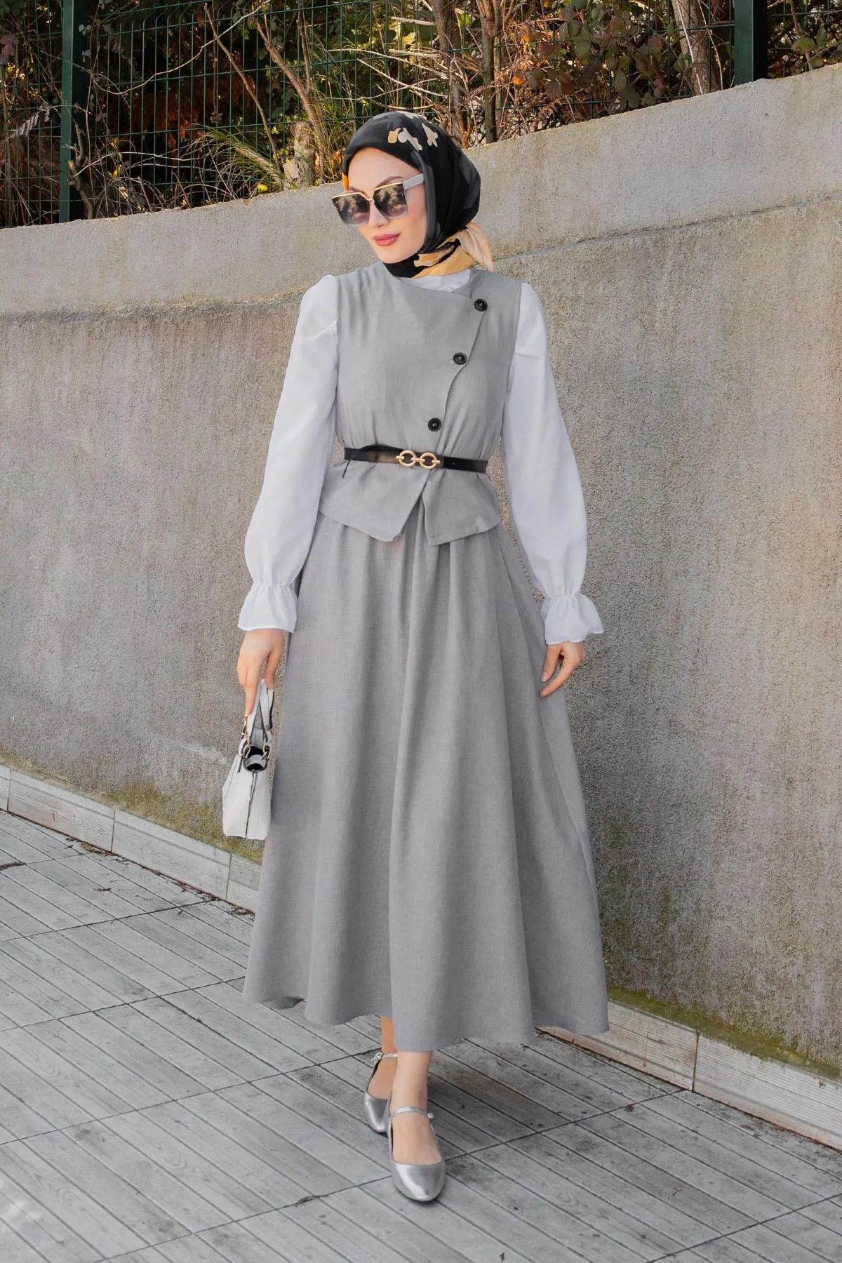 Trendy Butik Kadın Ally Keten Yelek Etek Takım-Gri