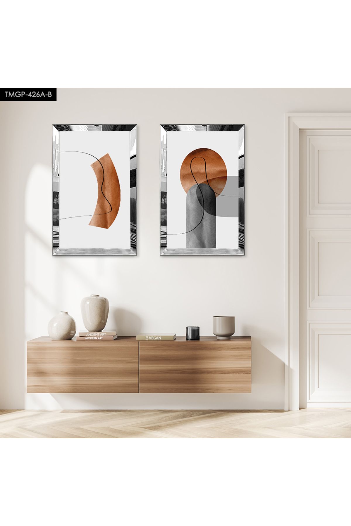 Zevahir Mobilya Dekorasyon GÜMÜŞ AYNALI PLEKSİ ÇERÇEVELİ KAHVERENGİ VE GRİ MODERN SOYUT ŞEKİLLER İKİLİ MDF TABLO SETİ