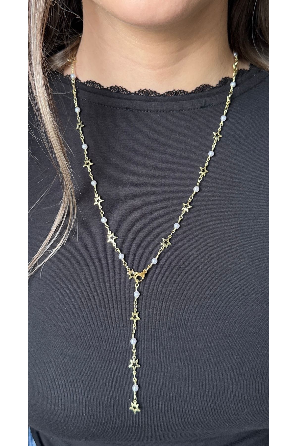 ZEYCE Gold Yıldızlı ve İncili Y Kolye