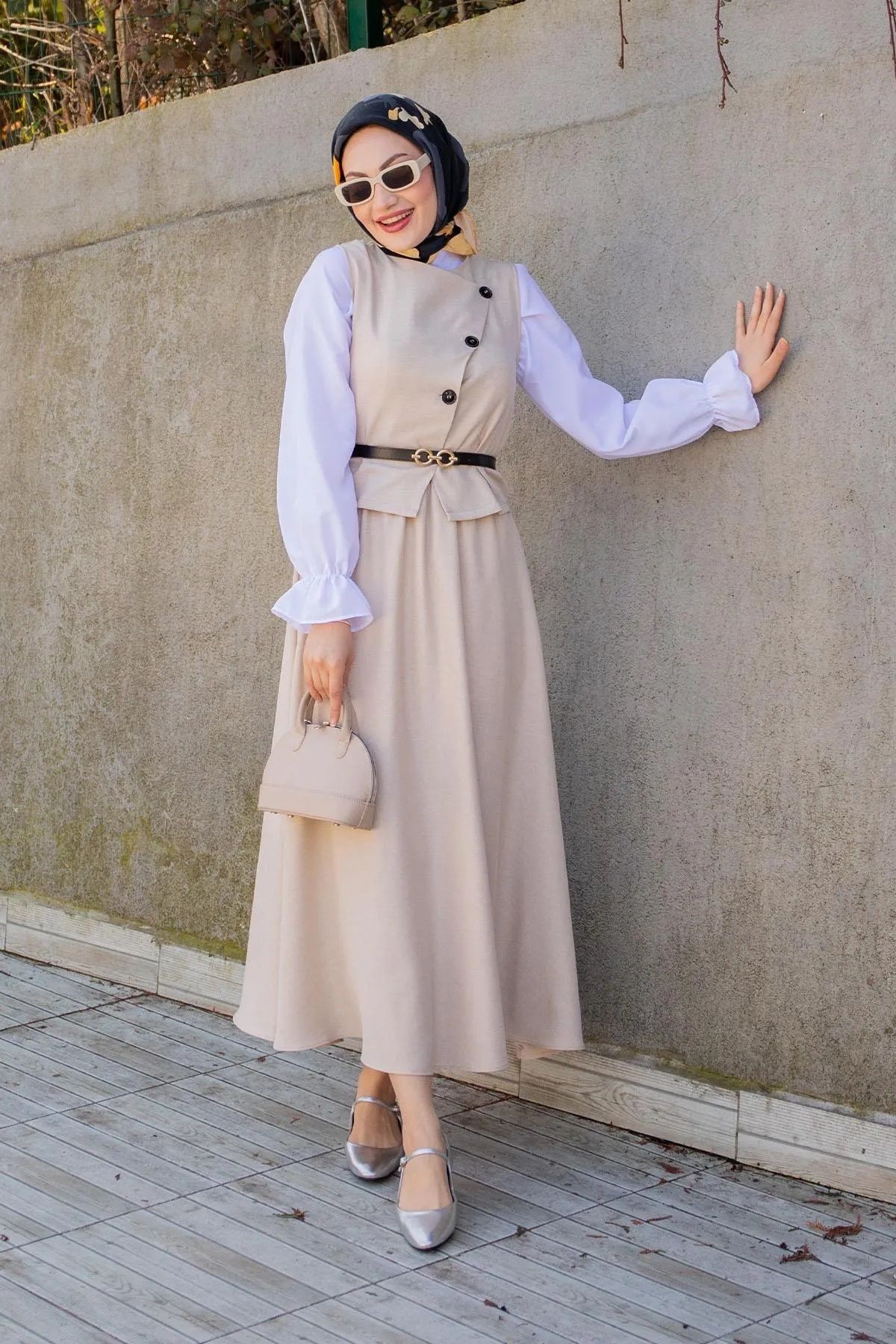Trendy Butik Kadın Ally Keten Yelek Etek Takım-Bej