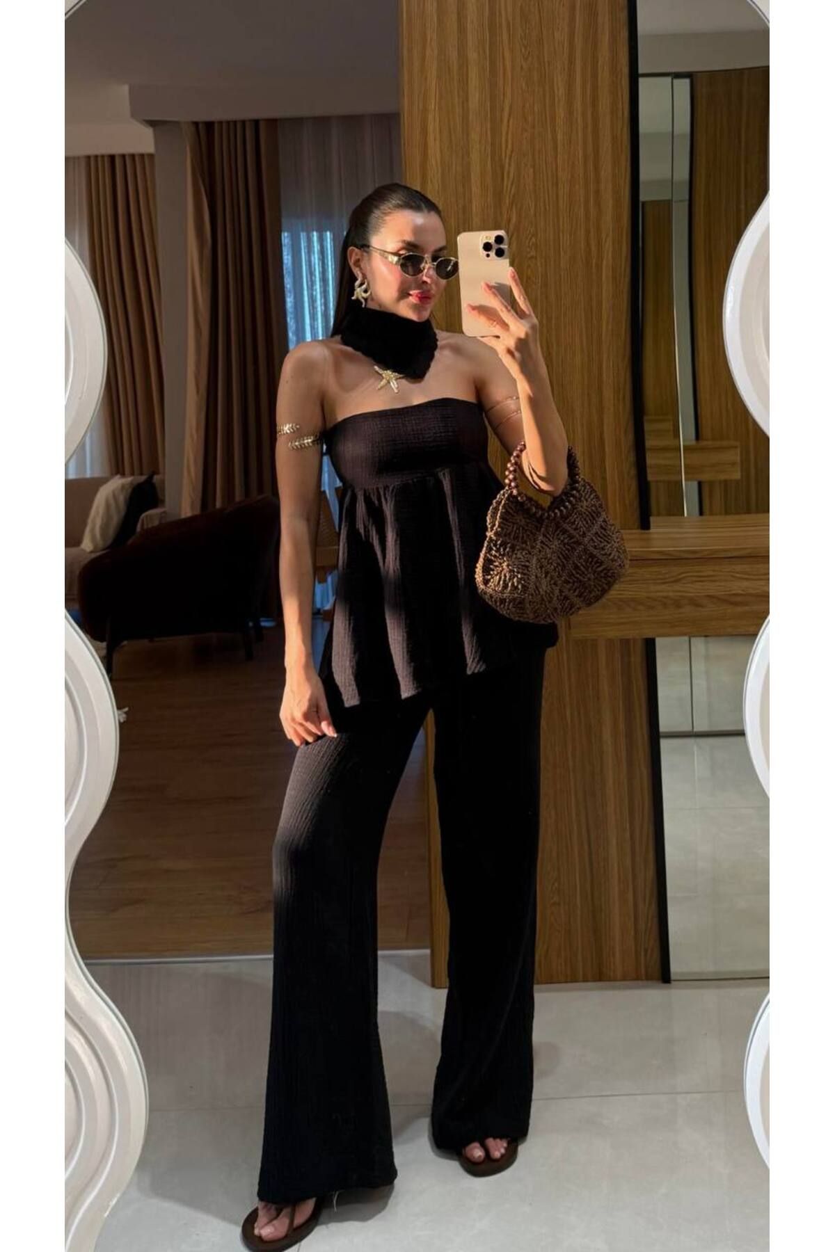 My Blog Siyah Bandanalı %100 Pamuk Müslin Takım - 30377