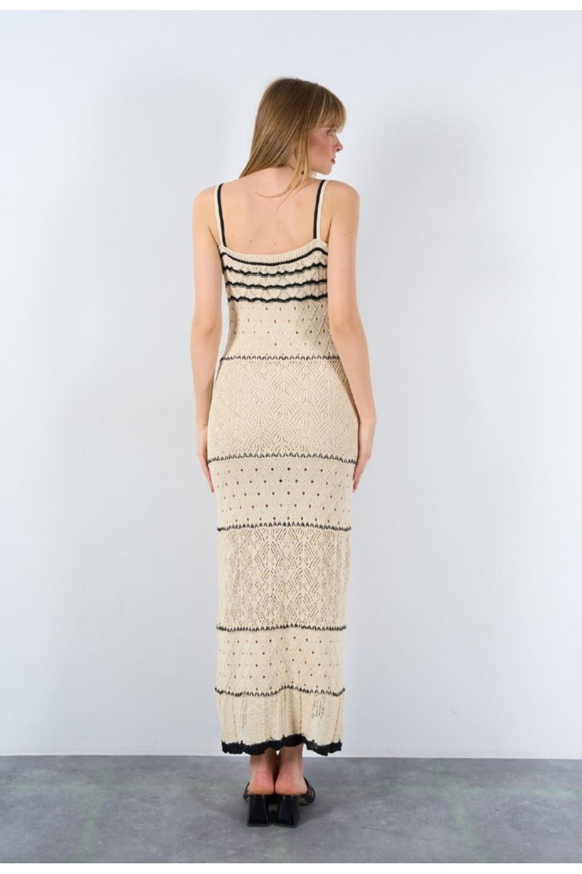 Qu Style-Strappy Long Knitwear Dress - Half Lined and Openwork 4