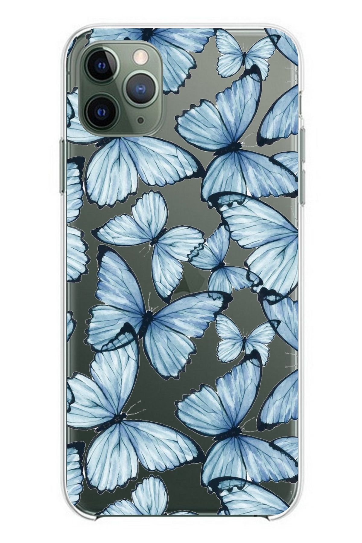 TechTree iPhone 11 PRO Uyumlu Mavi Kelebekler Tasarımlı Şeffaf Silikon Kılıf
