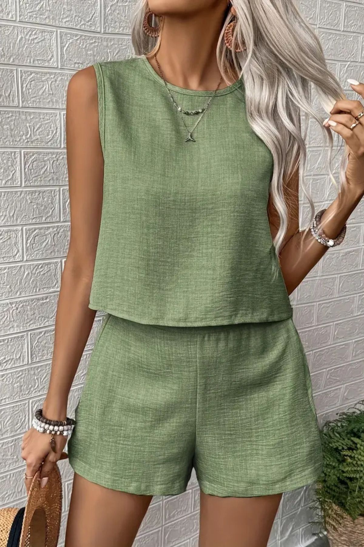 Siner Fashion Kadın Keten Bluz Şort Yazlık Takım